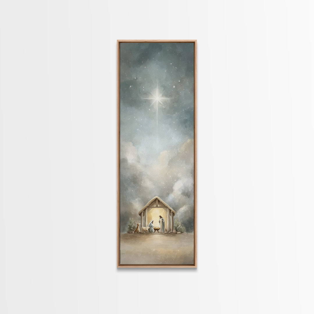 Radiant Stable Peace – Framed Canvas Print – Tall Narrow Wall Art – Christian Art Canvas – Jesus Art – Christian Christmas Art – Jesus Pain