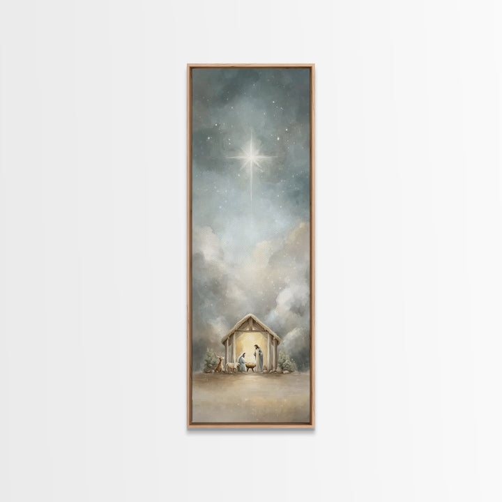 Radiant Stable Peace – Framed Canvas Print – Tall Narrow Wall Art – Christian Art Canvas – Jesus Art – Christian Christmas Art – Jesus Pain