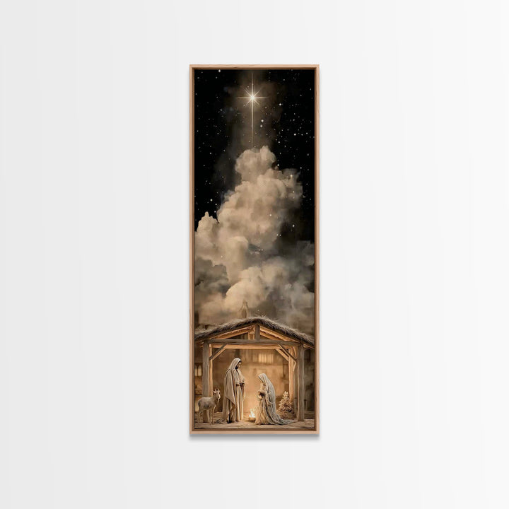 Manger Sky Blessing – Framed Canvas Print – Tall Narrow Wall Art – Christian Art Canvas – Christian Christmas Art – Jesus Art – Jesus Paint