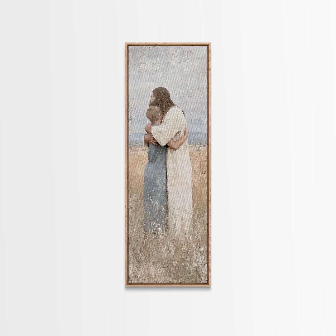 Gentle Savior Hold | Framed Canvas Print | Christian Art Canvas | Christian Wall Art | Jesus Painting | Subtle Christian Art | Narrow Art