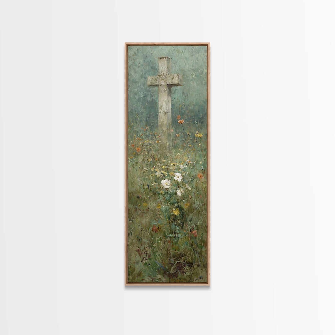 Cross In Bloom, Framed Canvas Print, Christian Art Canvas, Christian Wall Art, Vintage Christian Art, Christian Painting, Tall Narrow Wall