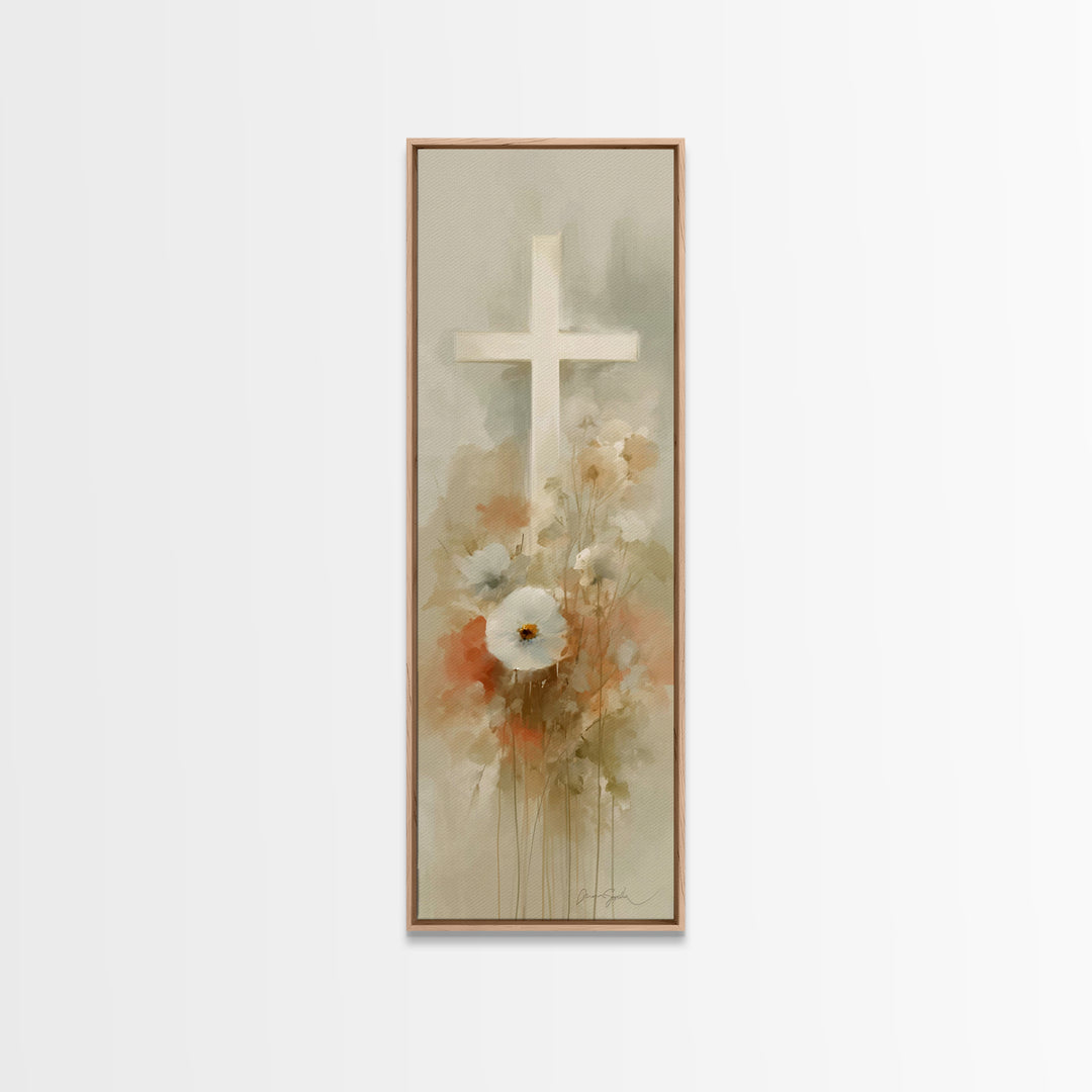 Soft Cross Blossoms | Framed Canvas Print | Christian Art | Christian Art Canvas | Christian Wall Art | Subtle Christian Art | Narrow Art
