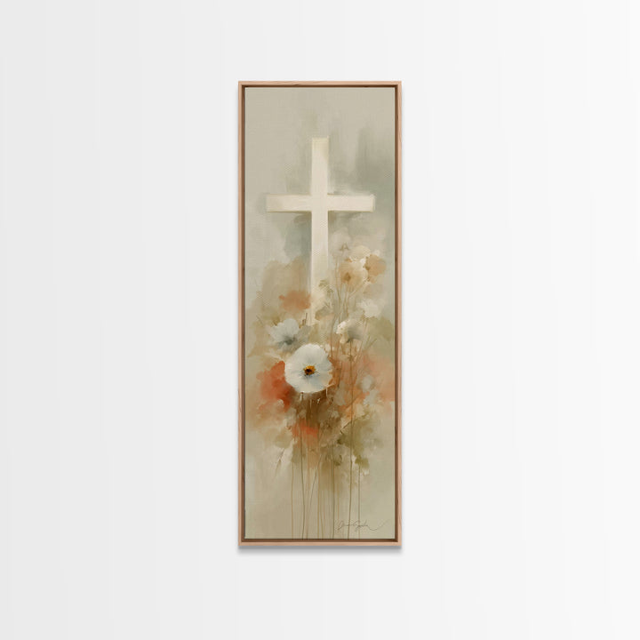 Soft Cross Blossoms | Framed Canvas Print | Christian Art | Christian Art Canvas | Christian Wall Art | Subtle Christian Art | Narrow Art