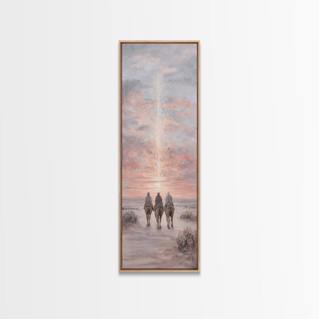 Rose Dawn Pilgrims – Framed Canvas Print – Christian Christmas Art – Skinny Art – Christian Wall Art – Christian Art Canvas