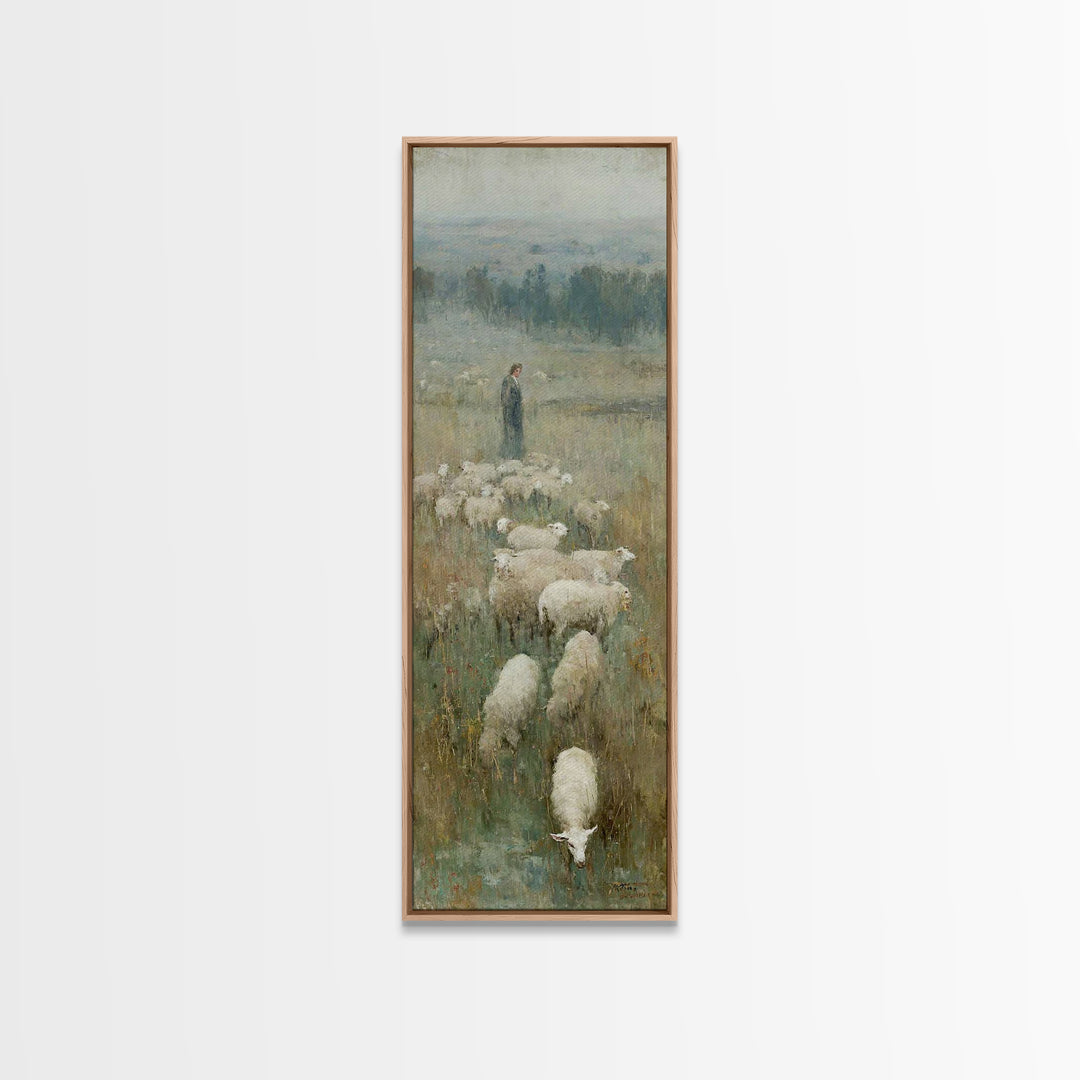 Pastoral Dawn Grace – Framed Canvas Print – Tall Narrow Wall Art – Christian Art Print – Christian Wall Art – Jesus Painting – Moody Christ