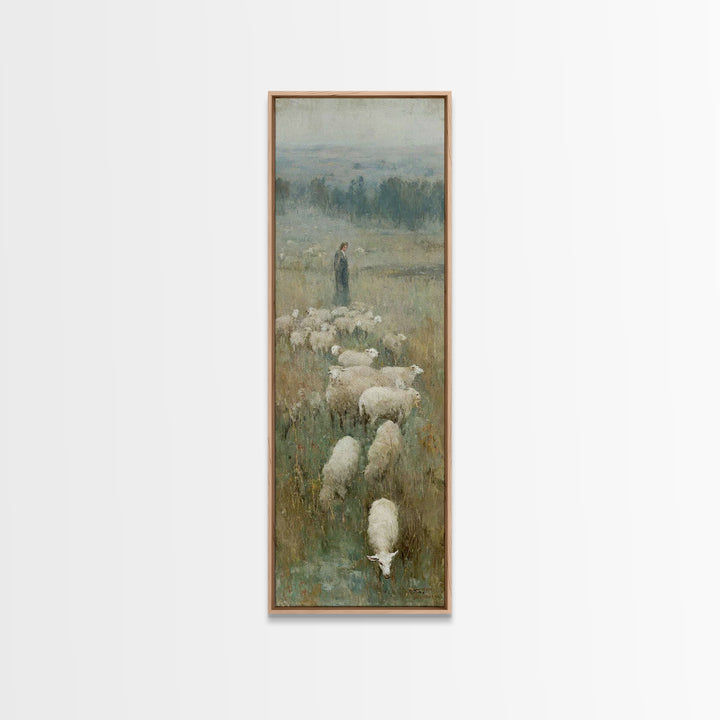 Pastoral Dawn Grace – Framed Canvas Print – Tall Narrow Wall Art – Christian Art Print – Christian Wall Art – Jesus Painting – Moody Christ