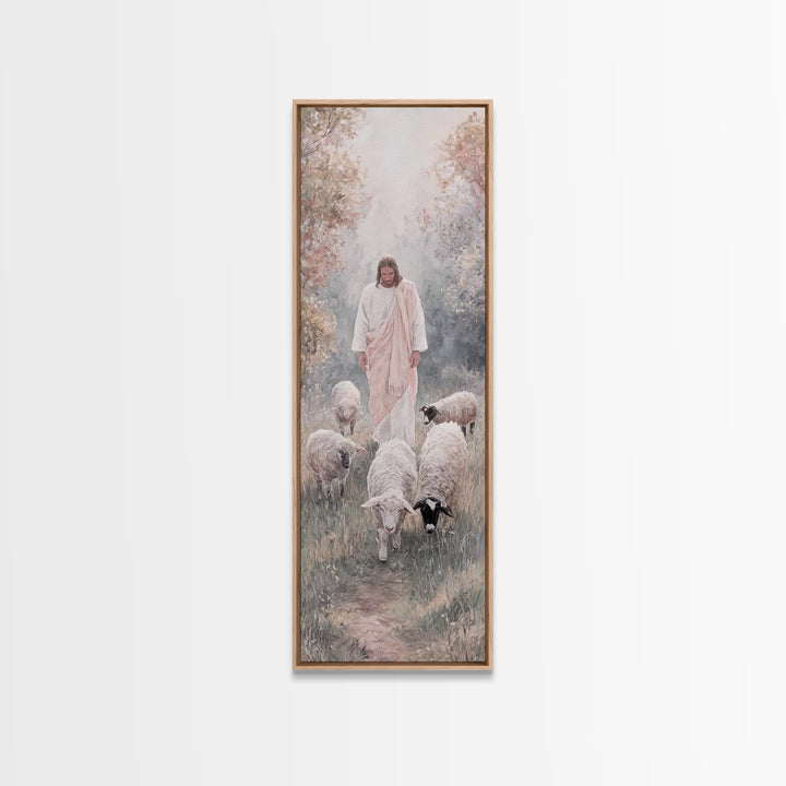 Gentle Shepherd Walk – Framed Canvas Print – Tall Skinny Art Print – Jesus Painting – Christian Art Canvas – Christian Wall Art – Modern Ch