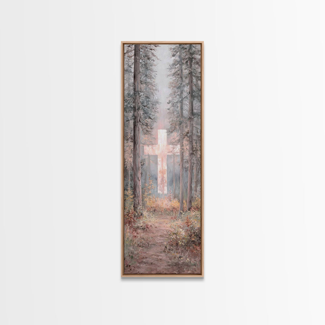Forest Cross Glow – Framed Canvas Print – Narrow Art – Christian Wall Art – Christian Art Canvas – Christmas Art – Modern Christian Art – C