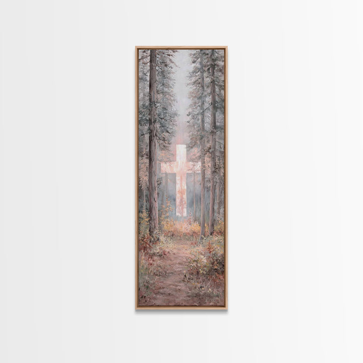 Forest Cross Glow – Framed Canvas Print – Narrow Art – Christian Wall Art – Christian Art Canvas – Christmas Art – Modern Christian Art – C