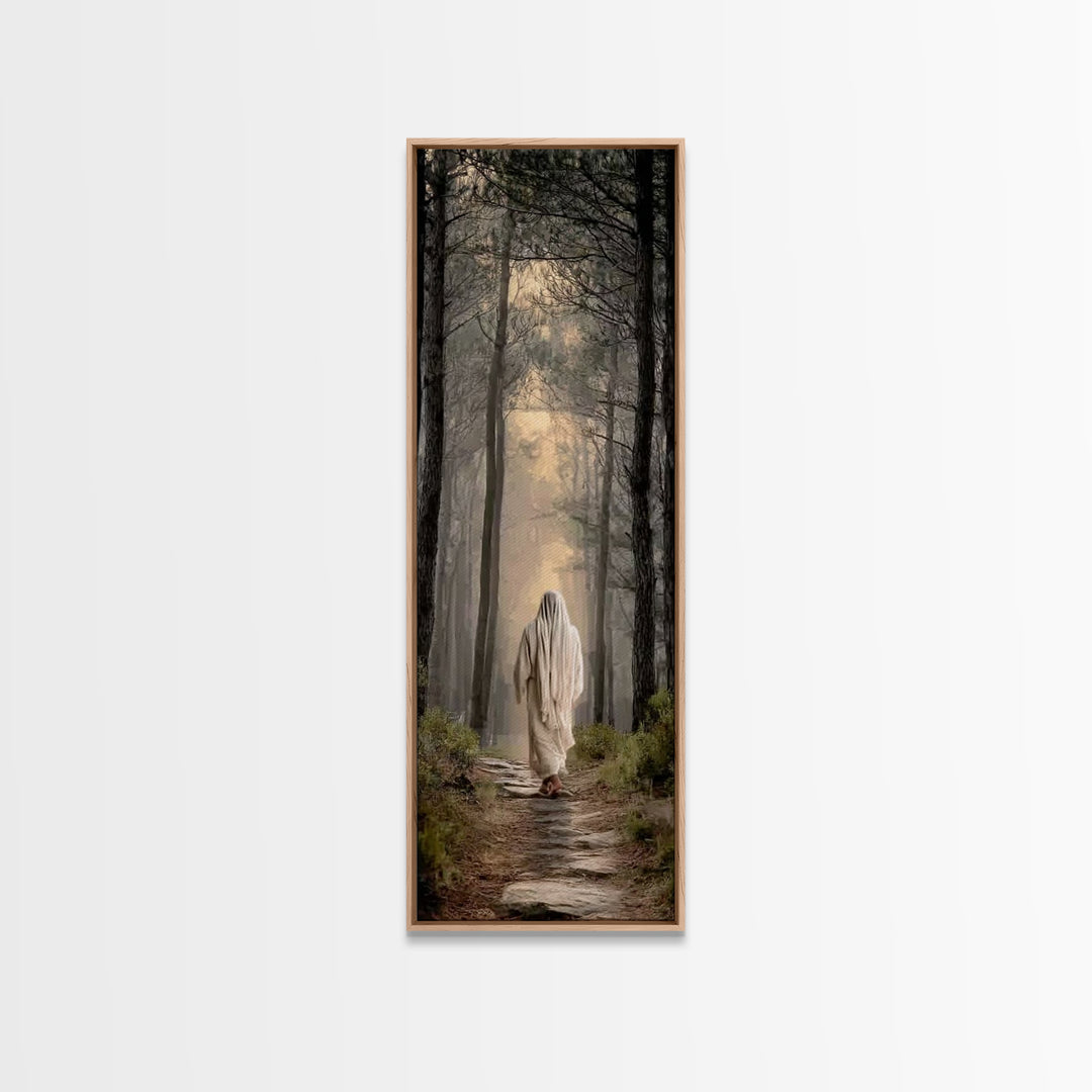 Lighted Woodland Walk | Framed Canvas Print | Narrow Art | Christian Art Canvas | Jesus Painting Canvas | Christmas Art | Christian Gift |