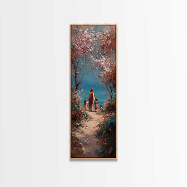 Soft Meadow Journey | Framed Canvas Print | Tall Narrow Wall Art | Christian Art Canvas | Christian Wall Art | Jesus Painting | Christian D