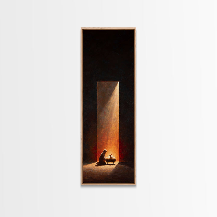 Sacred Manger Glow – Framed Canvas Print – Christmas Wall Art – Tall Skinny Art Print – Christian Art – Jesus Painting – Christian Art Gift