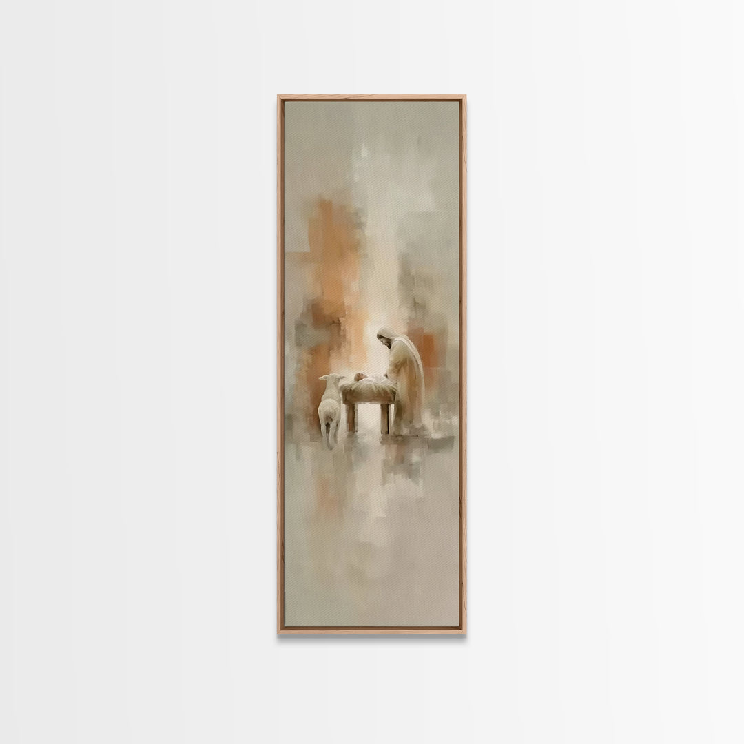 Humble Manger Peace – Framed Canvas Print – Christian Wall Art – Tall Narrow Wall Art – Christian Art Print – Christmas Art – Jesus Paintin