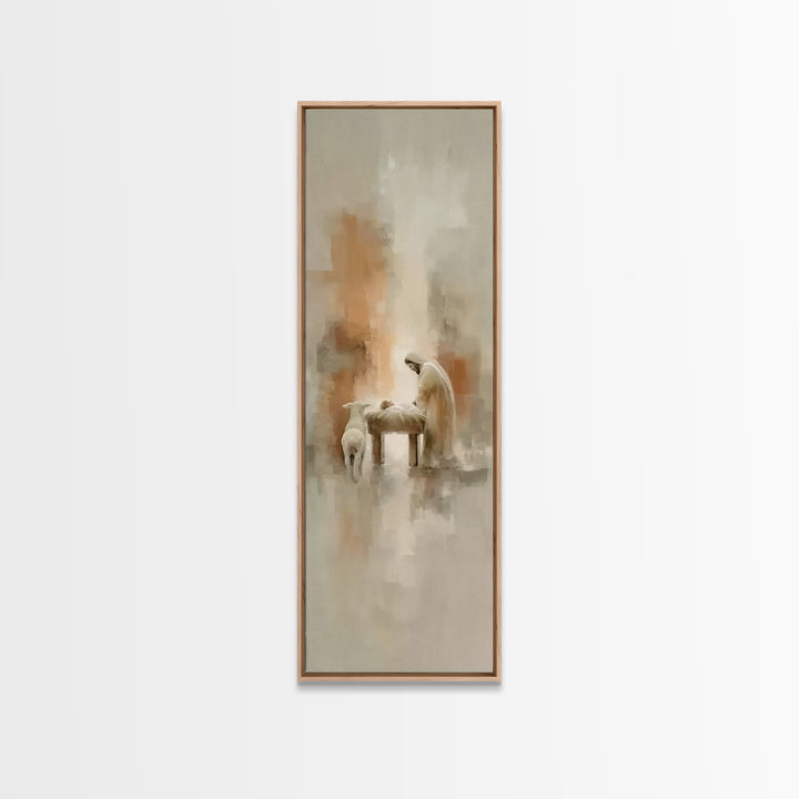 Humble Manger Peace – Framed Canvas Print – Christian Wall Art – Tall Narrow Wall Art – Christian Art Print – Christmas Art – Jesus Paintin