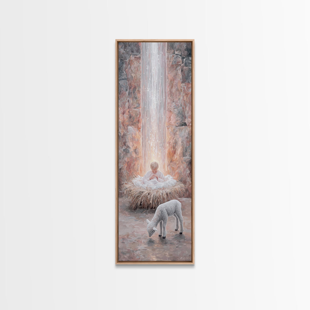 Heavenly Child Light – Framed Canvas Print – Christian Christmas Art – Narrow Art – Jesus Painting – Christian Wall Art – Christmas Canvas