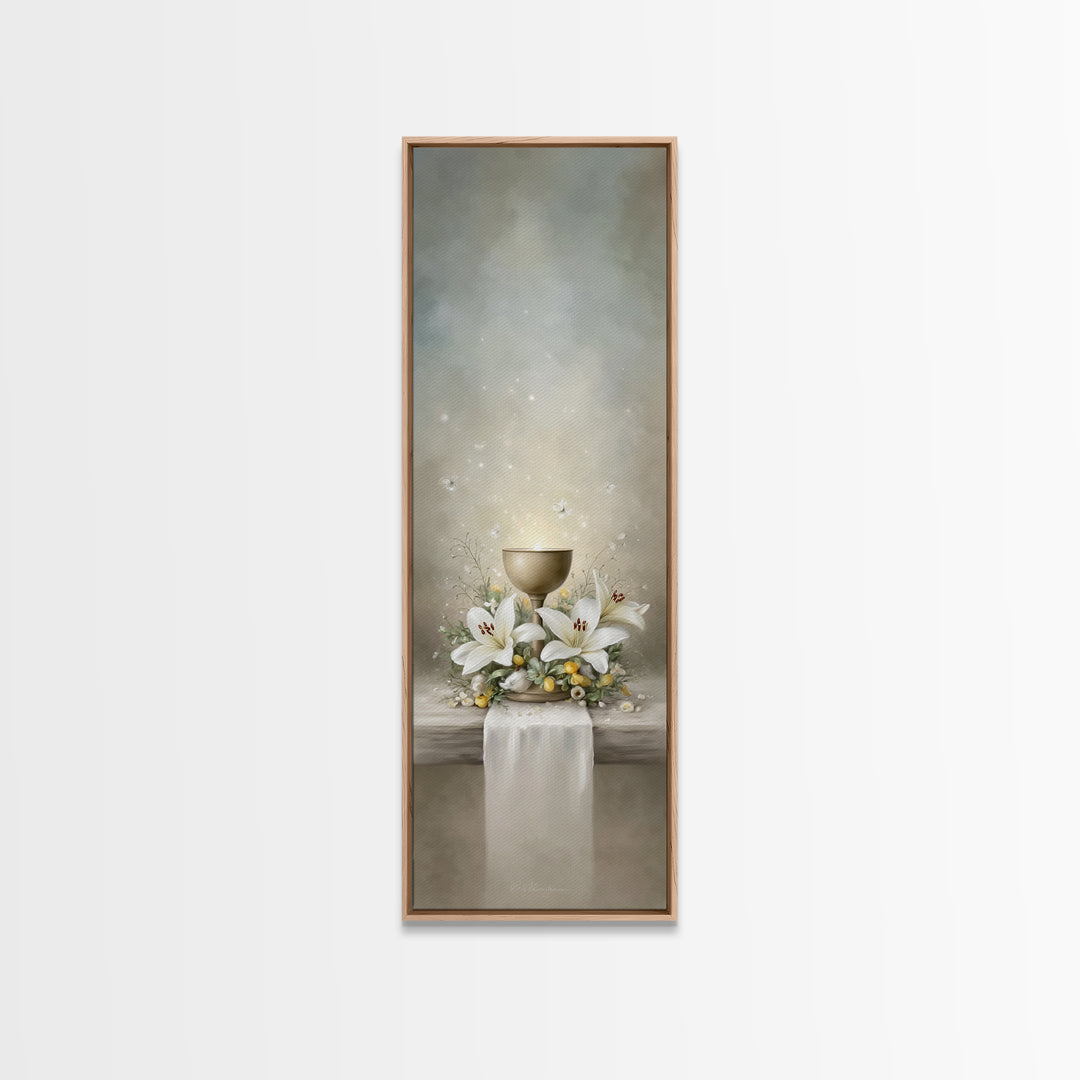Cross And Lilies | Framed Canvas Print | Narrow Art | Christian Art | Christian Wall Art | Christmas Art | Jesus Painting | Bible Art