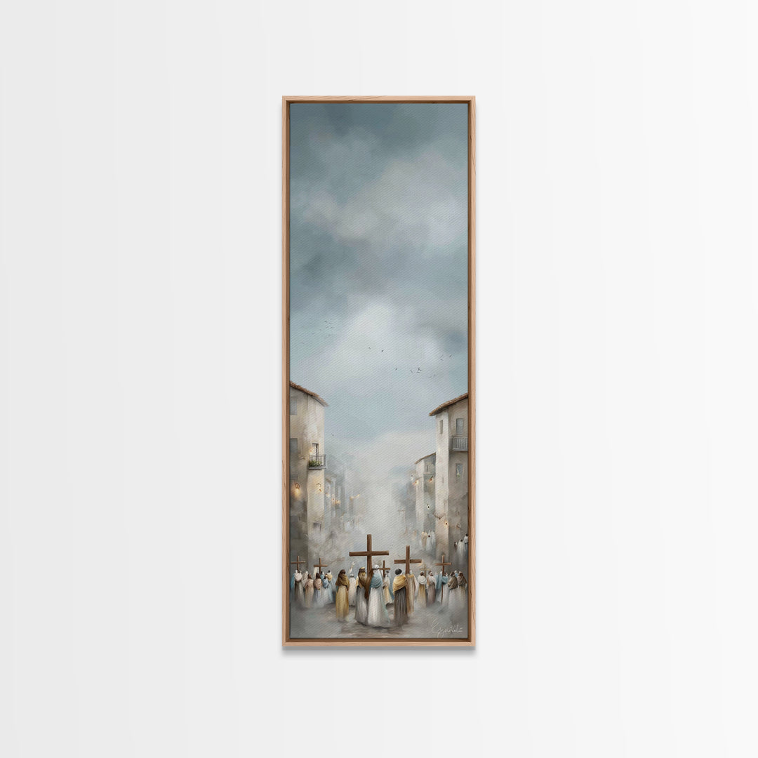 Pilgrims At Dawn – Framed Canvas Print – Narrow Art – Christian Art Work – Christian Christmas Art – Subtle Christian Art