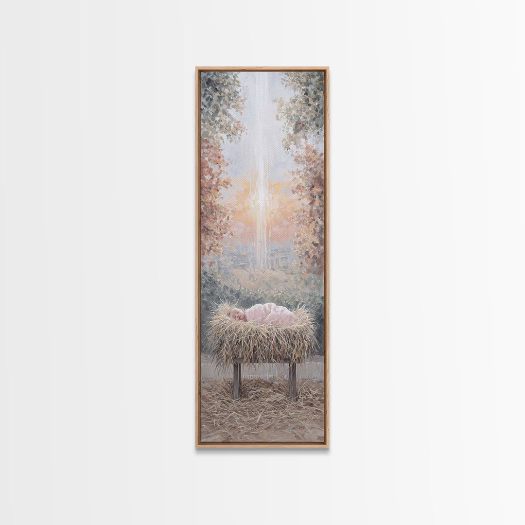 Sacred Birth Glow – Framed Canvas Print – Christian Christmas Art – Christian Wall Art – Christmas Art Canvas – Skinny Art – Christian Art