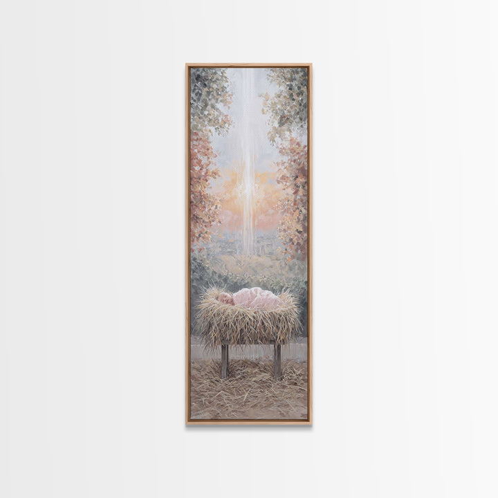Sacred Birth Glow – Framed Canvas Print – Christian Christmas Art – Christian Wall Art – Christmas Art Canvas – Skinny Art – Christian Art