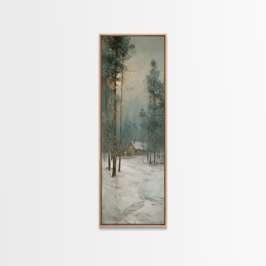 Snowfall Chapel Dawn | Framed Canvas Print | Christian Christmas Art | Narrow Art | Christmas Art Framed | Christian Wall Art | Christmas A