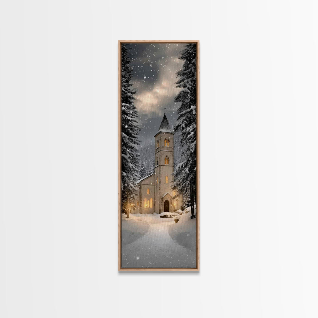 Snowfall Chapel Light – Framed Canvas Print – Tall Narrow Wall Art – Christian Wall Art – Christmas Art – Christian Christmas Décor – Moder