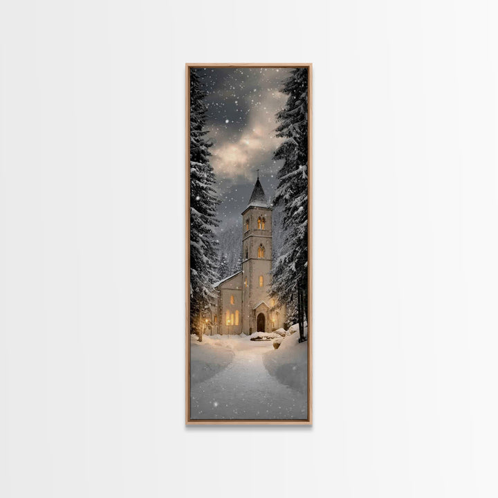 Snowfall Chapel Light – Framed Canvas Print – Tall Narrow Wall Art – Christian Wall Art – Christmas Art – Christian Christmas Décor – Moder
