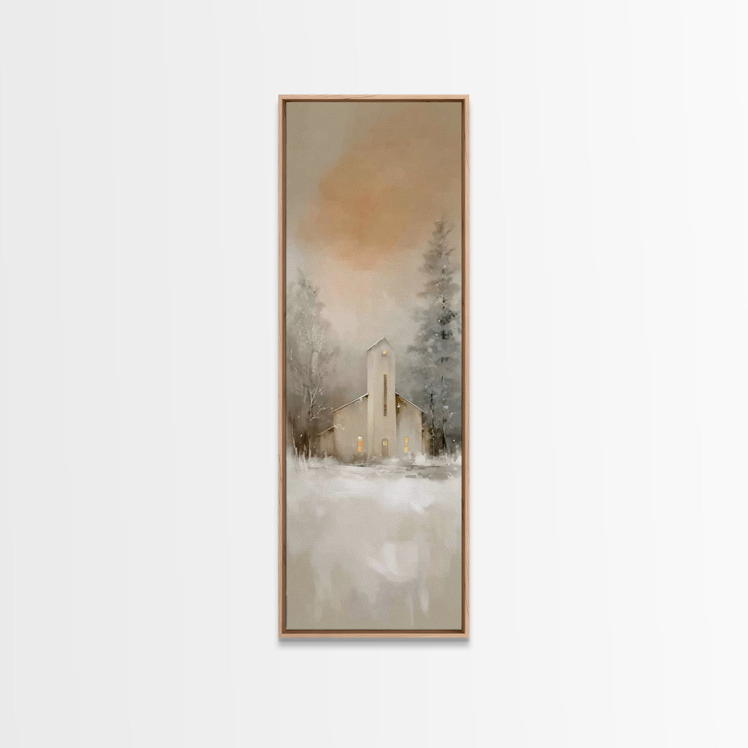 Evening Chapel Calm, Framed Canvas Print, Skinny Art, Christian Wall Art, Christian Christmas Art, Christmas Art Work, Framed Christian Art