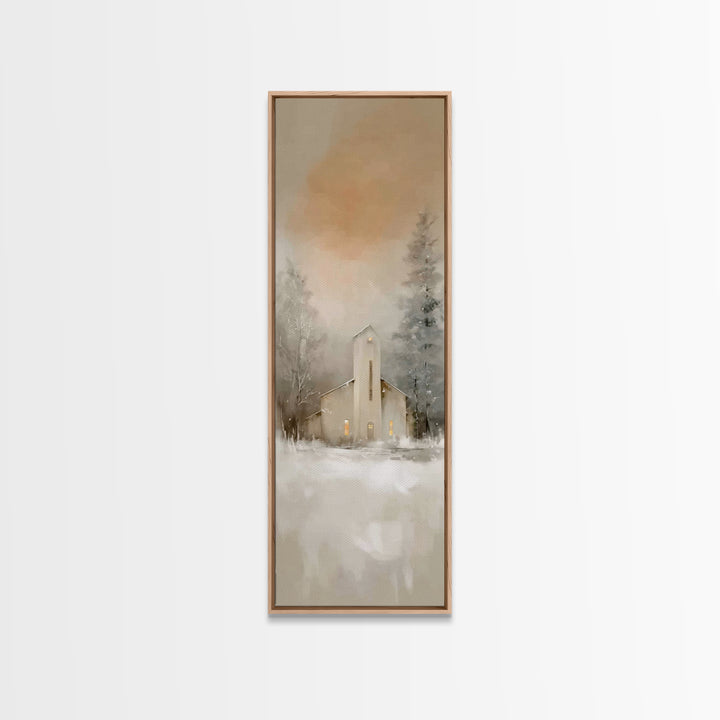Evening Chapel Calm, Framed Canvas Print, Skinny Art, Christian Wall Art, Christian Christmas Art, Christmas Art Work, Framed Christian Art