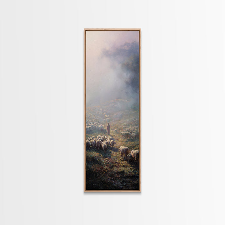 Morning Shepherd Light – Framed Canvas Print – Christian Art Canvas – Christian Wall Art – Christmas Art – Tall Narrow Wall Art – Christian
