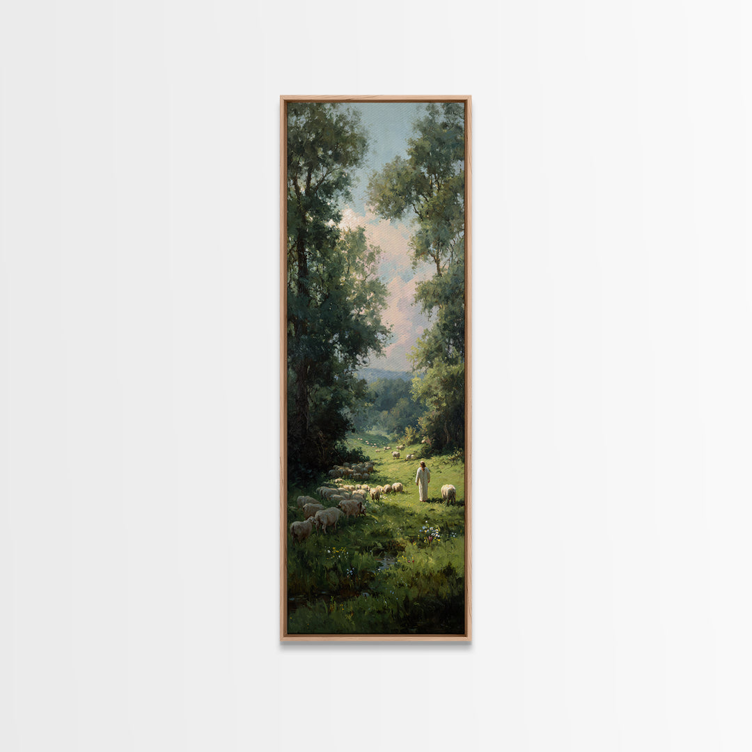 Morning Shepherd Peace – Framed Canvas Print – Christian Art Print – Modern Christian Art – Tall Narrow Wall Art – Jesus Canvas Art