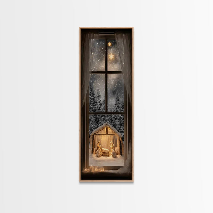 Silent Winter Nativity – Framed Canvas Print – Christmas Art – Christian Christmas Decor – Tall Narrow Wall Art – Christian Art Canvas