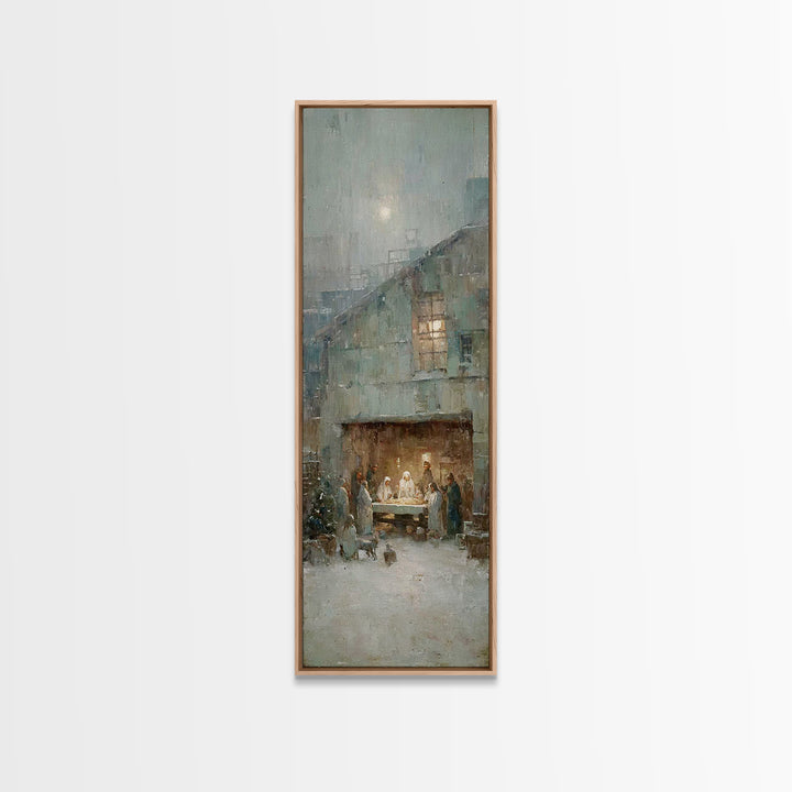 Humble Stable Night – Framed Canvas Print – Christmas Wall Art – Christian Art Canvas – Tall Skinny Art Print – Vintage Christmas Art