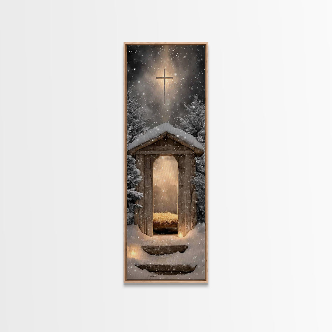 Snowlit Holy Shelter | Framed Canvas Print | Christmas Art | Christian Art Canvas | Christian Wall Art | Skinny Art | Christian Christmas A