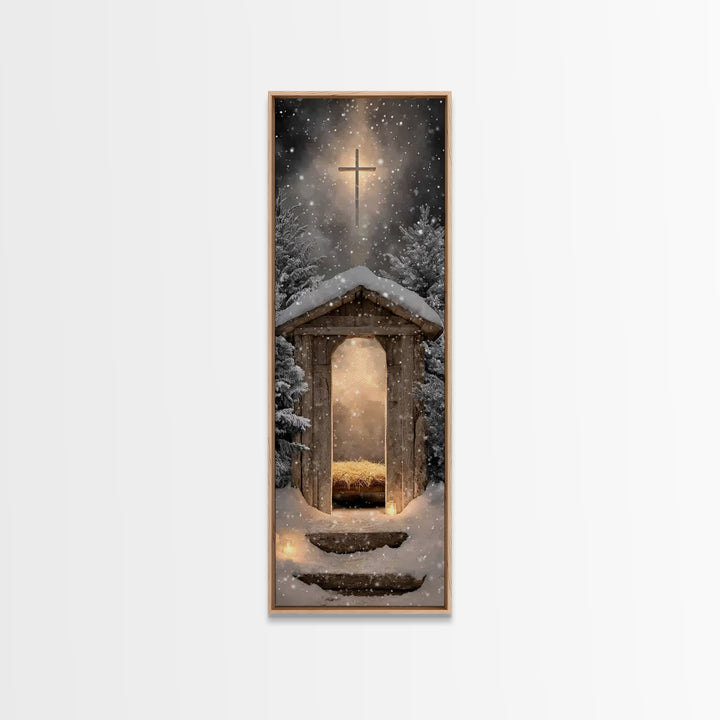 Snowlit Holy Shelter | Framed Canvas Print | Christmas Art | Christian Art Canvas | Christian Wall Art | Skinny Art | Christian Christmas A