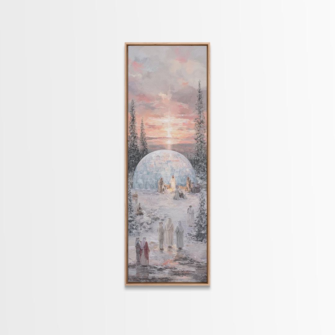 Winter Nativity Gathering - Framed Canvas Print - Christian Art Canvas - Christian Wall Art - Christmas Art - Narrow Art - Christian Christ