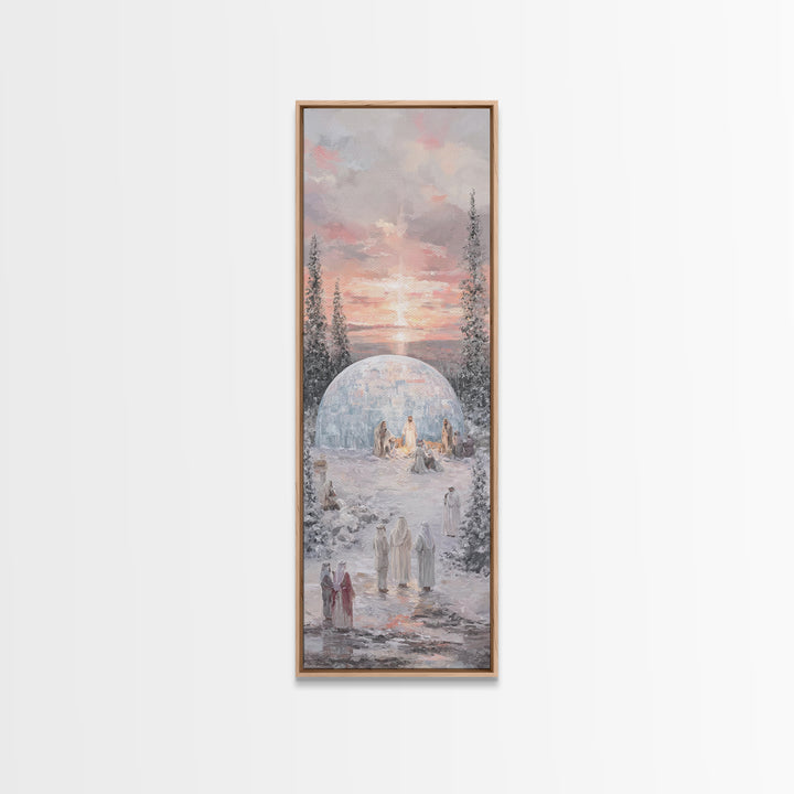 Winter Nativity Gathering - Framed Canvas Print - Christian Art Canvas - Christian Wall Art - Christmas Art - Narrow Art - Christian Christ