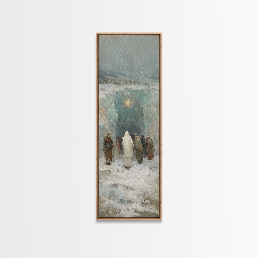 Frozen Cave Nativity | Framed Canvas Print | Christian Christmas Art | Christian Art Canvas | Christian Wall Art | Tall Narrow Wall Art | C