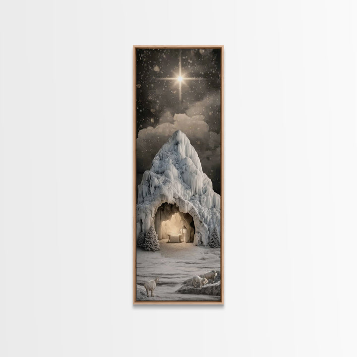 Icy Cavern Nativity, Framed Canvas Print, Christian Wall Art, Christian Christmas Art, Christmas Art, Tall Narrow Wall Art, Christian Art C