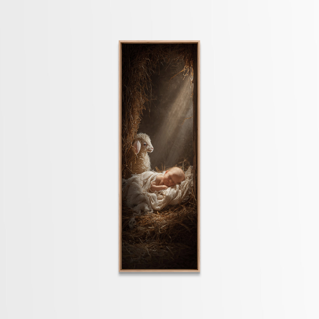 Humble Cradle Light – Framed Canvas Print – Tall Skinny Art Print – Christian Wall Art – Christian Art Work – Christmas Art