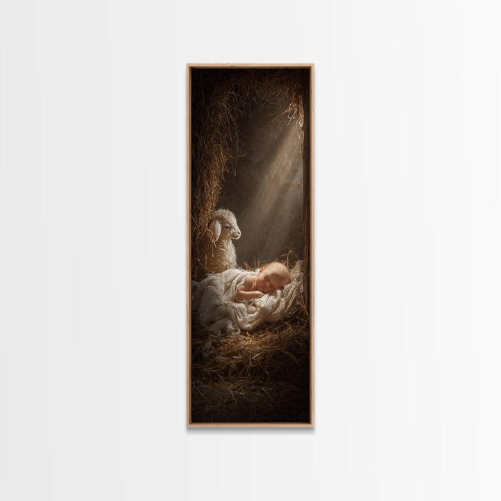 Humble Cradle Light – Framed Canvas Print – Tall Skinny Art Print – Christian Wall Art – Christian Art Work – Christmas Art