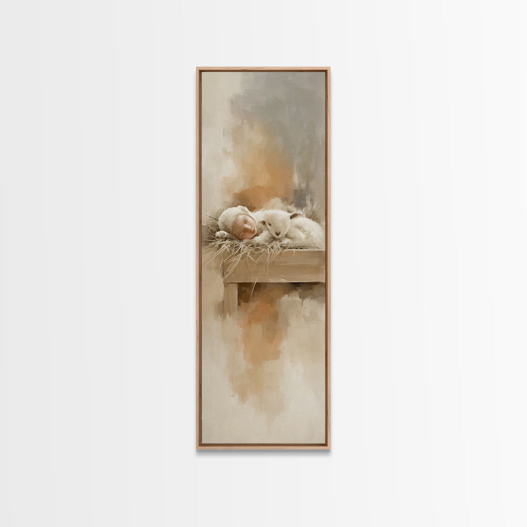 Soft Lamb Blessing – Framed Canvas Print – Tall Narrow Wall Art – Christian Art Prints – Christian Christmas Art – Jesus Painting