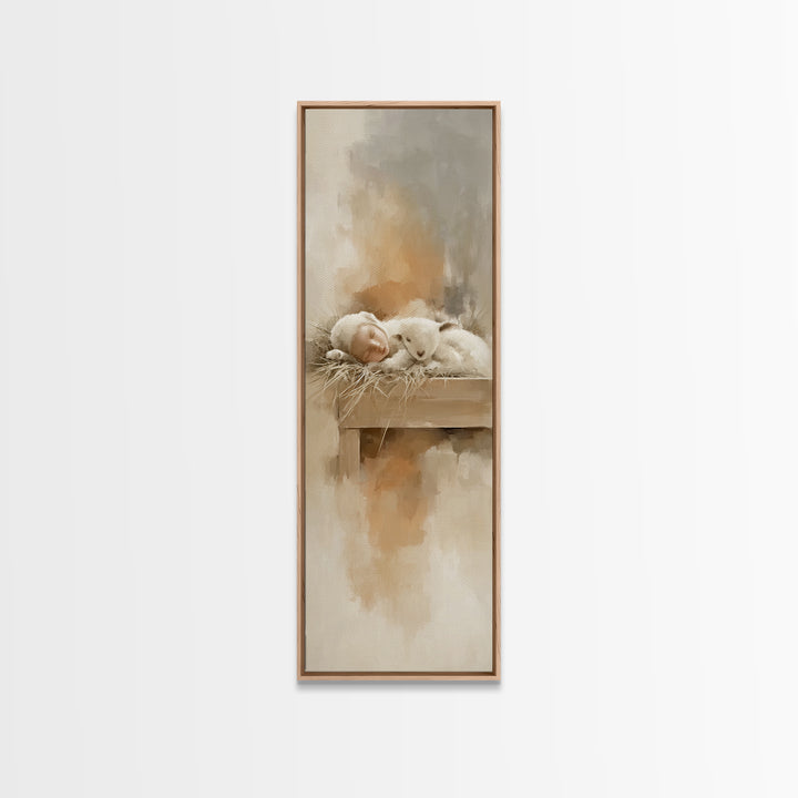 Soft Lamb Blessing – Framed Canvas Print – Tall Narrow Wall Art – Christian Art Prints – Christian Christmas Art – Jesus Painting