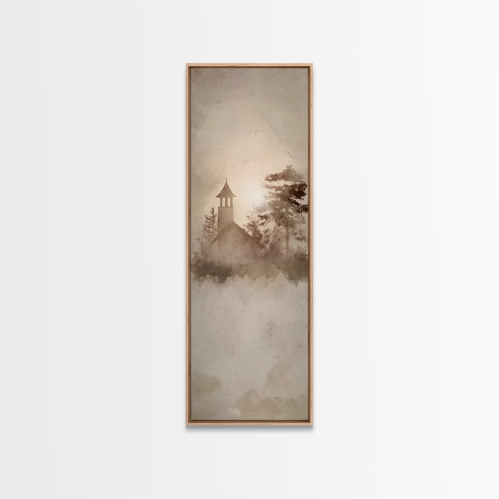 Dawn Chapel Stillness, Framed Canvas Print, Christian Wall Art, Minimalist Christian Art, Tall Skinny Art Print, Christian Decor, Christmas