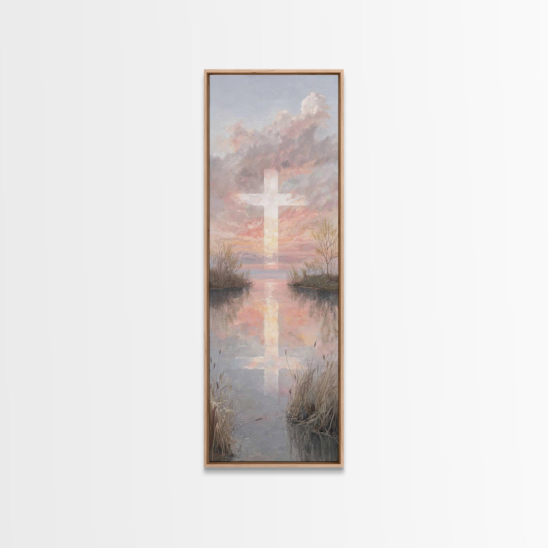 Sunset Cross Glory, Framed Canvas Print, Christian Wall Art, Christian Art Canvas, Tall Narrow Wall Art, Christian Christmas Art, Modern Ch