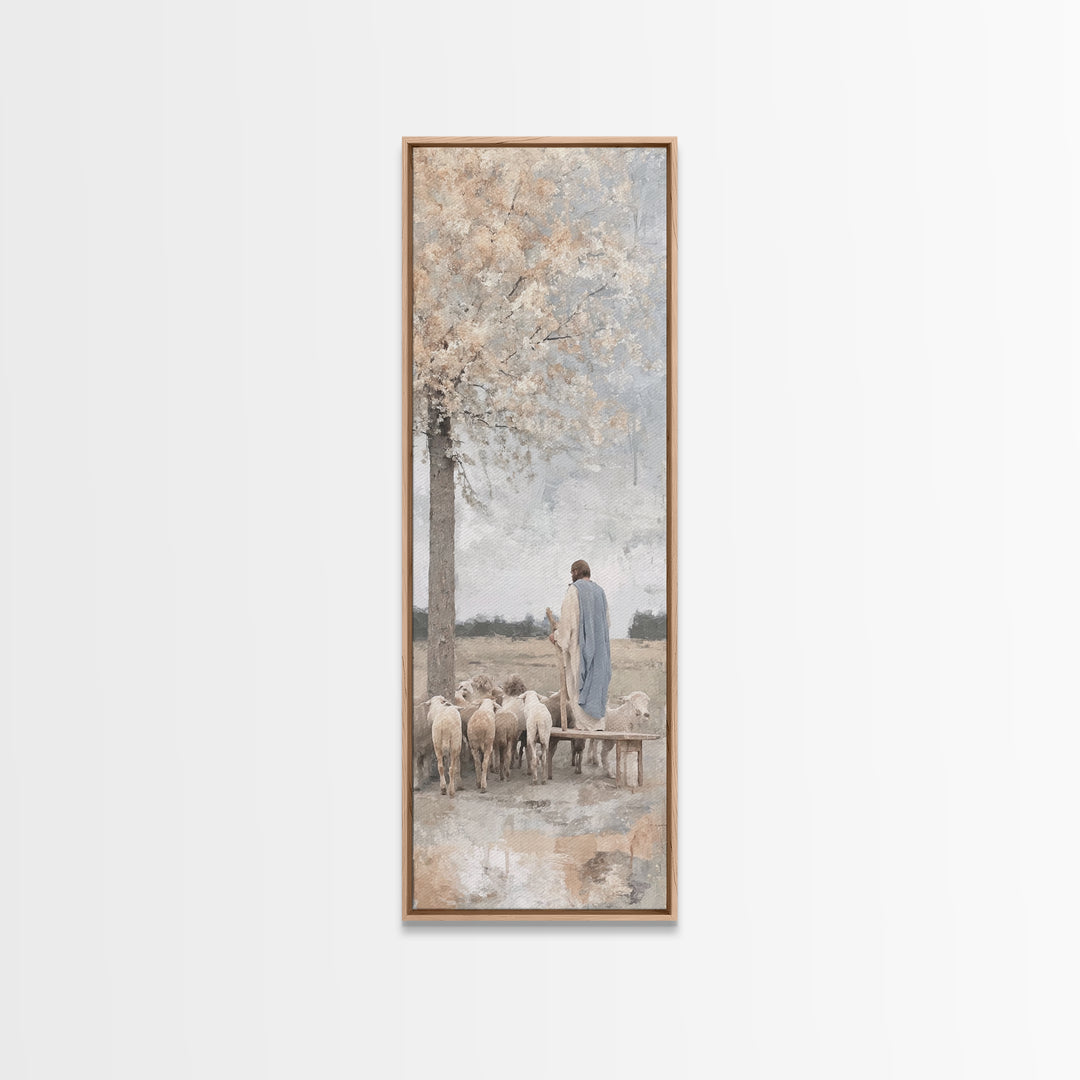 Riverside Shepherd Calm, Framed Canvas Print, Tall Narrow Wall Art, Christian Art Canvas, Jesus Painting, Christian Christmas Art, Christia