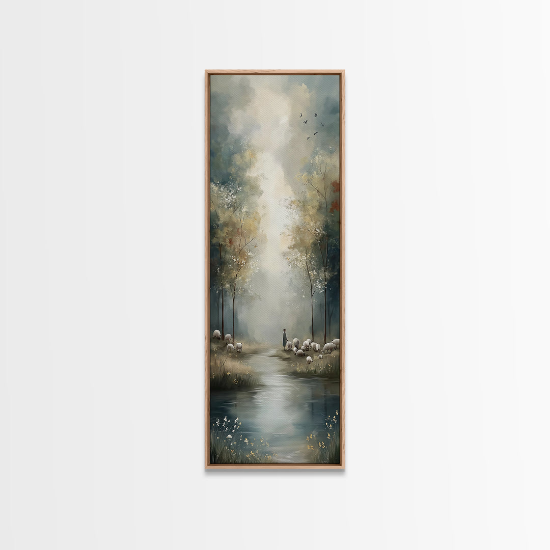 Pastoral Stillness, Framed Canvas Print, Narrow Art, Christian Wall Art, Jesus Painting, Christian Art Canvas, Christmas Art