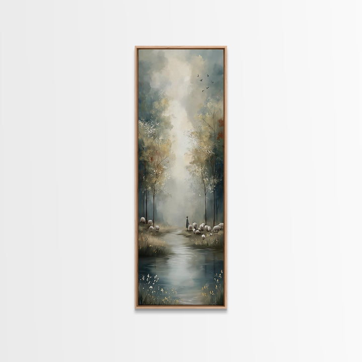 Pastoral Stillness, Framed Canvas Print, Narrow Art, Christian Wall Art, Jesus Painting, Christian Art Canvas, Christmas Art