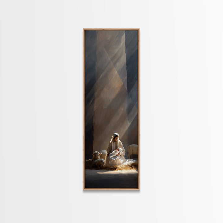 Blessed Nativity Light – Framed Canvas Print – Tall Skinny Art Print – Christian Christmas Art – Christian Wall Art – Christmas Canvas Wall