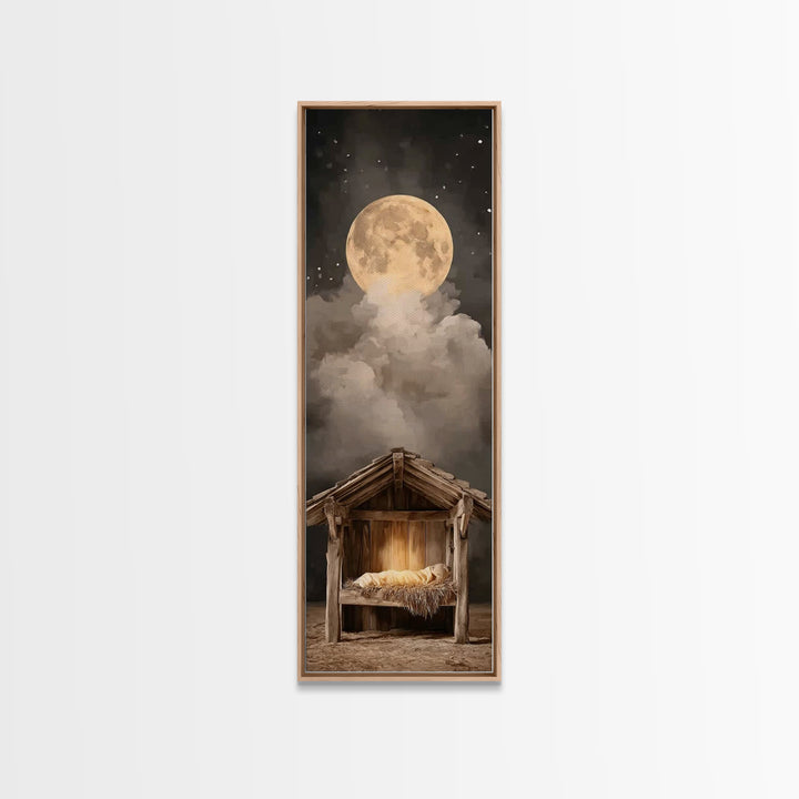 Nativity Moonrise – Framed Canvas Print – Narrow Art – Christian Christmas Art – Christian Art Canvas – Christian Wall Art – Christmas Art