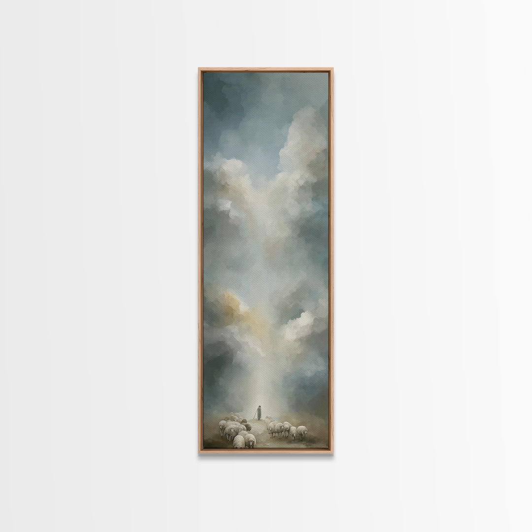 Heavenly Pasture Light | Framed Canvas Print | Tall Skinny Art Print | Christian Wall Art | Christian Art Canvas | Jesus Painting
